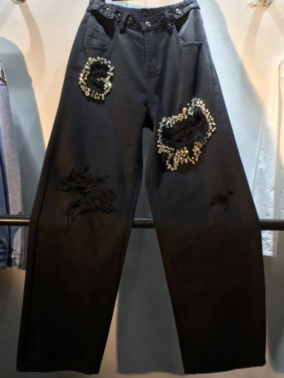 

Европейская станция, новинка весны 2023, изысканные джинсы с бусинами и высокой талией, Модные Узкие прямые джинсы с дырками, женские брюки