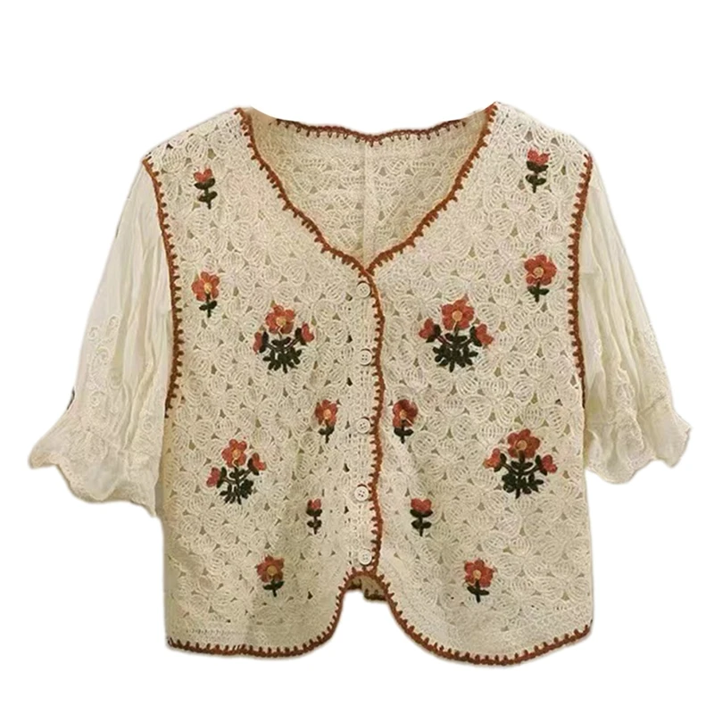 

New style Women Puff Short Sleeve Crochet Stitching Crop Top Cardigan Vintage Hollow Knit Floral Embroidery Button Sweater
