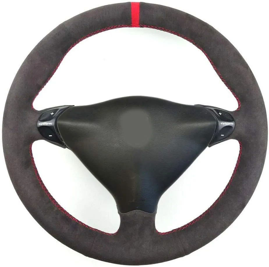 DIY All Black Suede Leather Steering Wheel Red Stitch on Wrap Cover Fit For Porsche 911 986 996 Carrera Boxster S