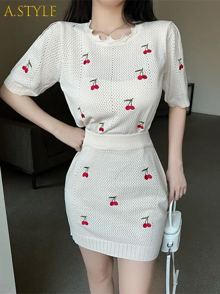 A GIRLS French Gentle Wind Cherry V-neck Knitted Two Piece Set Women Pullover Sweater + Bodycon Skirt Suits Sweet 2 Piece Set