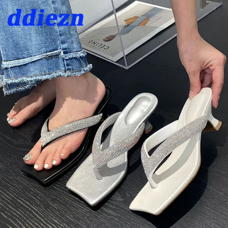 

Flip Flops Female High Heels Shoes 2023 New Elegant Fashion Rhinestones Ladies Sandals Slides Footwear Slippers Women Pumps
