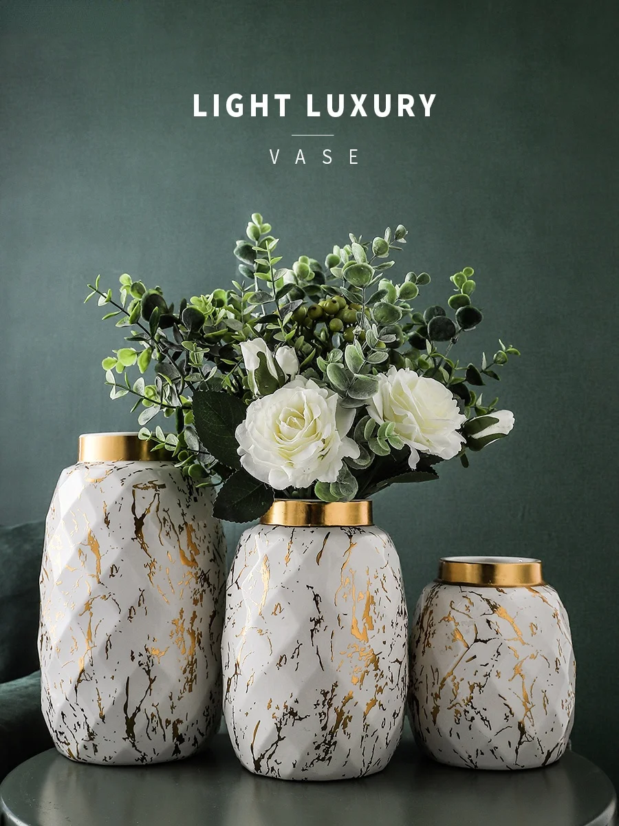 

European Gilded Ceramic Vase Marble Pattern Countertop Living Room Furnishings Flower Arrangement Fresh Flowers Hydroponic Vase
