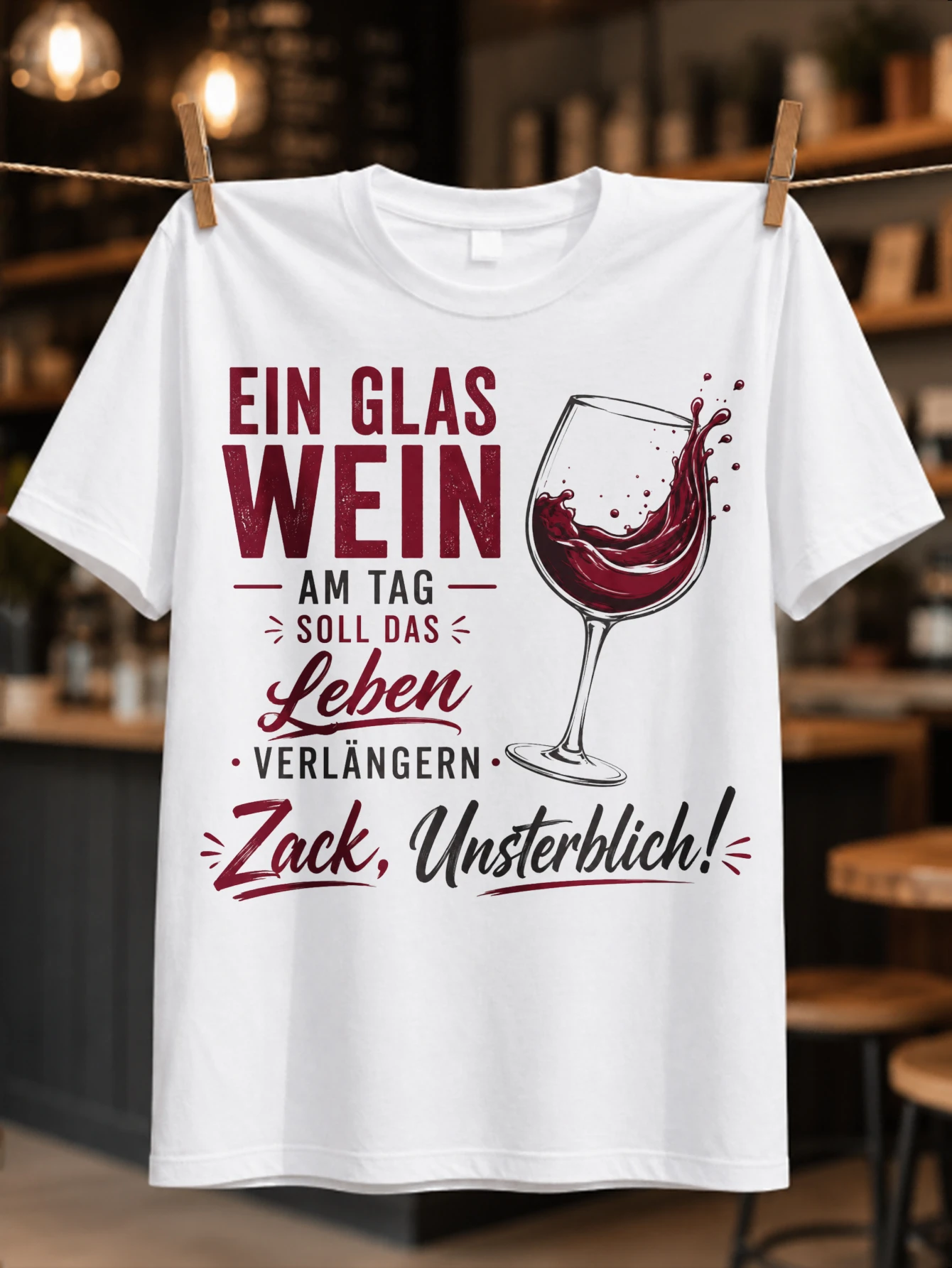 Фото Футболка унисекс с принтом «Ein Glas Wein Am Tag Zack Unsterblich»: большое наклоненное бокалообразное стекло для красного вина с ярким бордовым эффектом потертости. №1