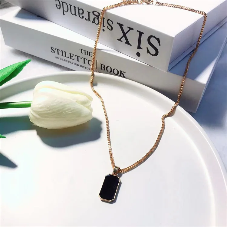 

European And American Foreign Trade Jewelry Black Square Brand Design Sense Pendant Necklace Women's Simple Personality Short St