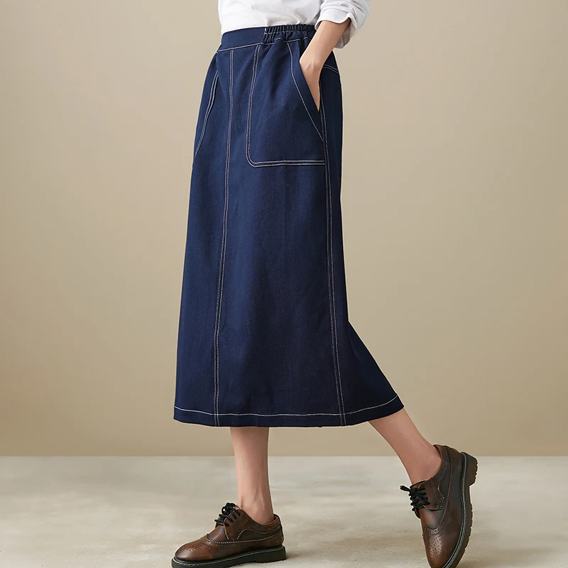 

2022 Autumn New Elastic Waist Thin Denim Skirt Fashion Versatile Back Split Skirt Loose Mid Length Skirt Women