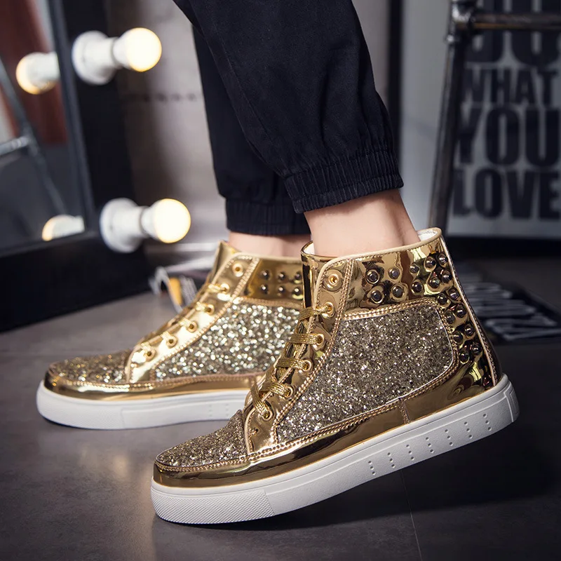 

Fall Men's High Top Gold Glitter Sneakers Lace Up Platform Black Flats Gold Ladies Glitter Silver Shoes