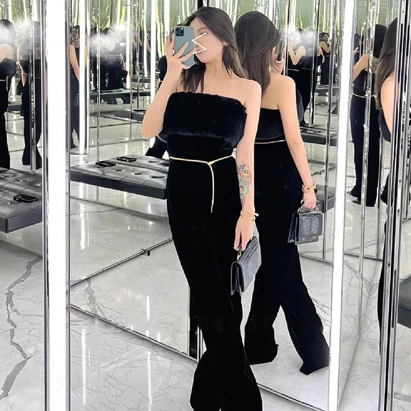 

Женский облегающий бархатный комбинезон из кроличьего меха без бретелек