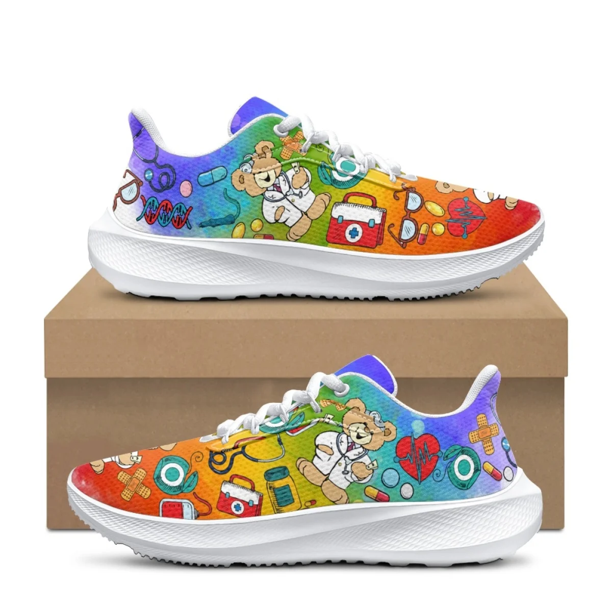 

Medical Supply Gradient Print Female Running Sneaker Cartoon Bear Doctor Pattern Dirt Resistant Mesh Shoe Lace Up Women Footwear