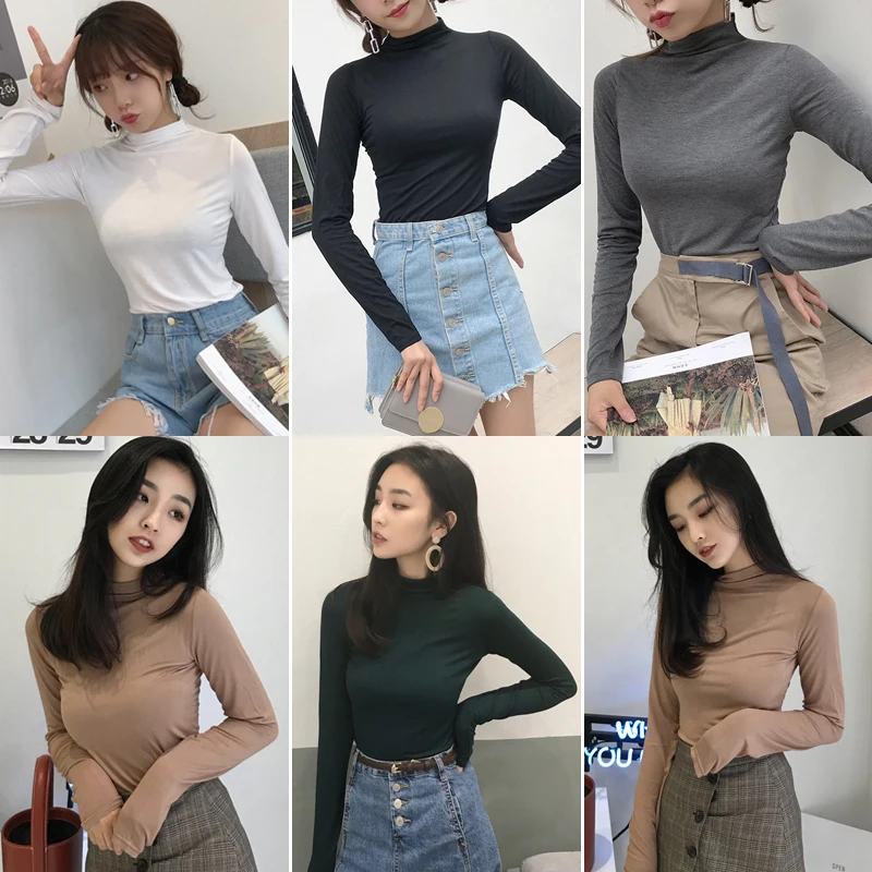 

Женская хлопковая футболка с длинным рукавом, с высоким воротником