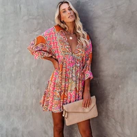 new spring and summer european and american ethnic print v neck long sleeve waist casual dress female sexy dress