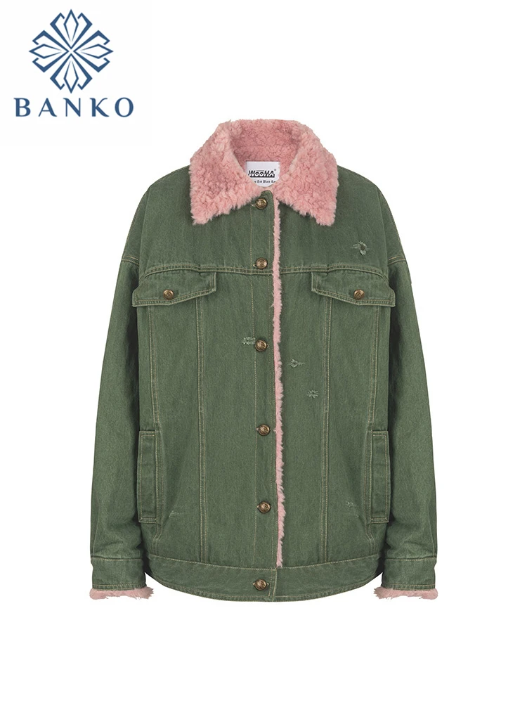 

Pink Thicken Lambs Wool Winter New Women Denim Jacket 2022 Vintage Military-green Warm Jean Outer Female BF Harajuku Oversize