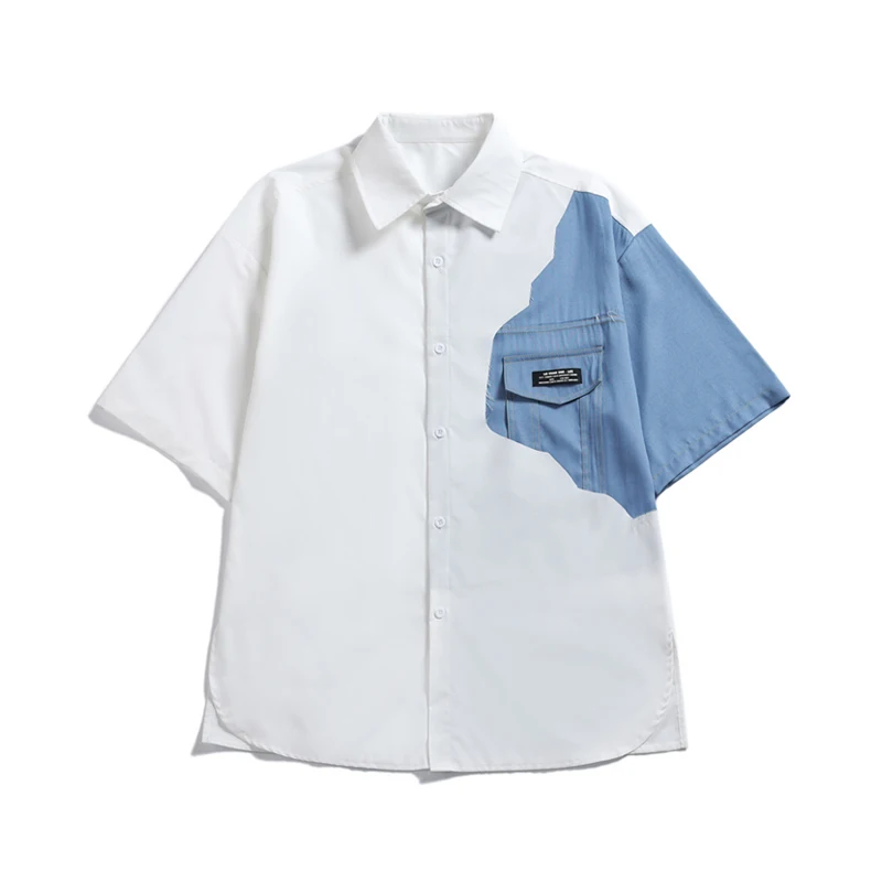 EOENKKY/2022 Men's New Denim Stitching Short Sleeve Hawaiian Shirt Streetwear Fashion White Black Men's Shirt Plus Size M-5XL