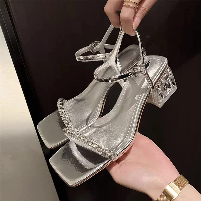 Luxury Crystal Sandals Women Rhinestone Ankle Strap Mid Heeled Sandalias Ladies Summer Evening Party Shoes in Black Silver Color