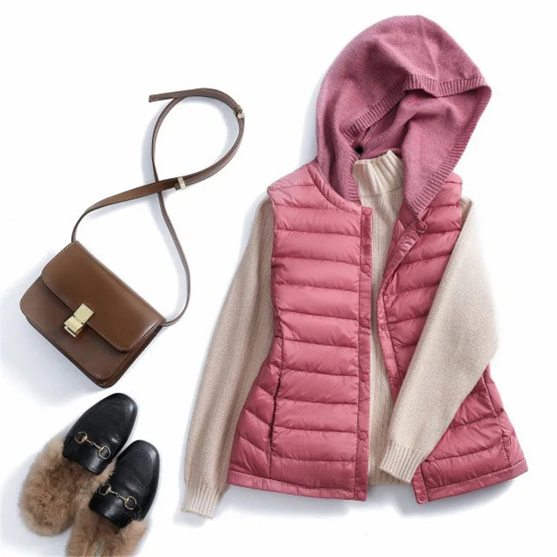 

Женский трикотажный жилет светильник капюшоном, легкая куртка на белом утином пуху, Короткая Безрукавка в стиле пэчворк на осень и зиму