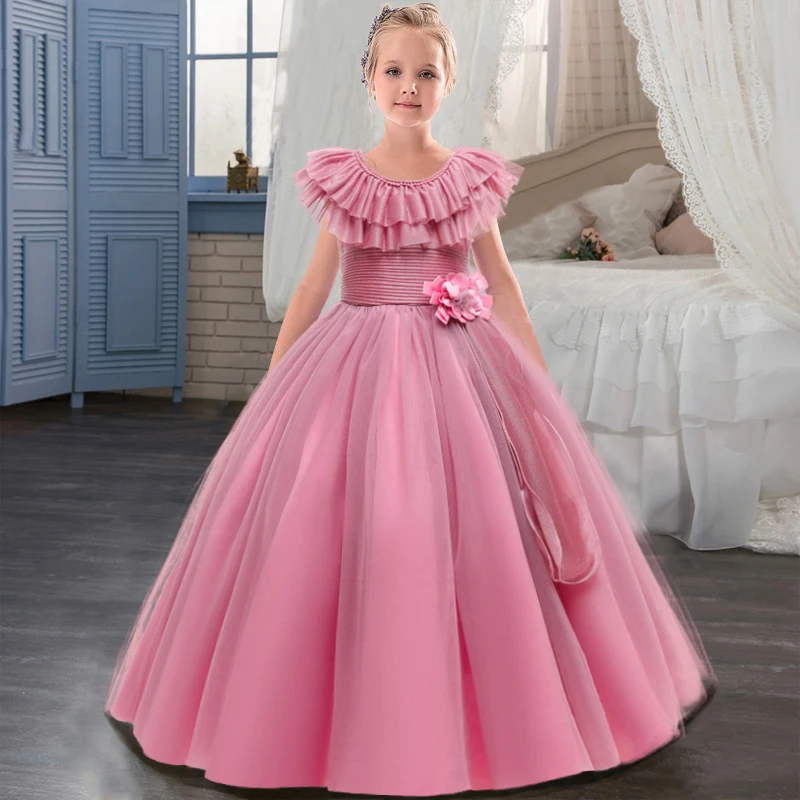 

2022 Pageant Kids Pink Bridesmaid Dress For Girls Children Costume Lace Princess Dresses Vestido Flower Girl Wedding Party Gown