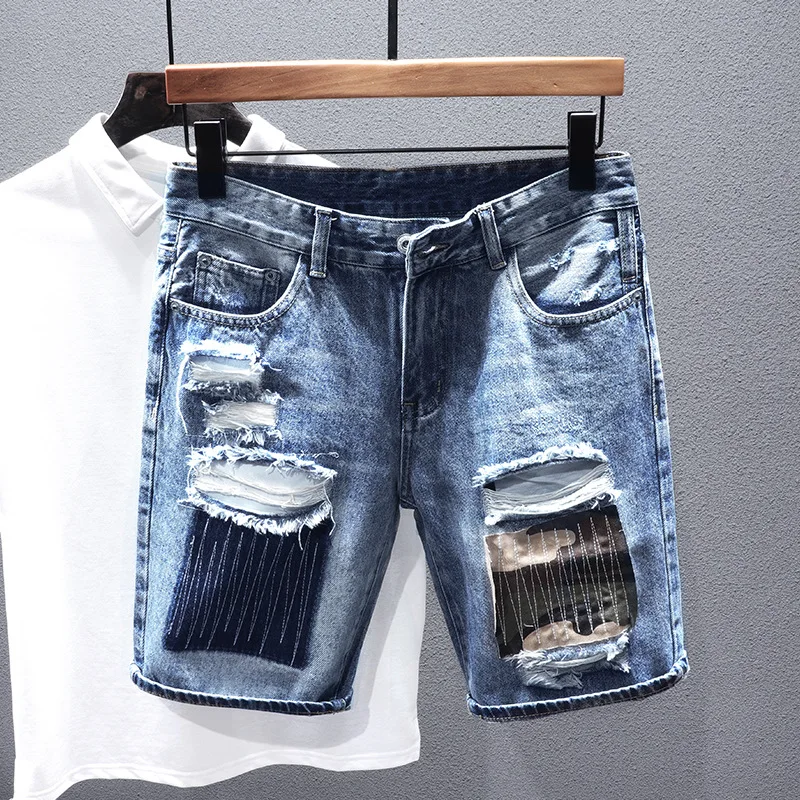 Men Ripped Denim Shorts Summer Big Holes Fit Shorts Jeans Hight Quality Male Cotton Straight Patchwork Denim Jeans Shorts 38