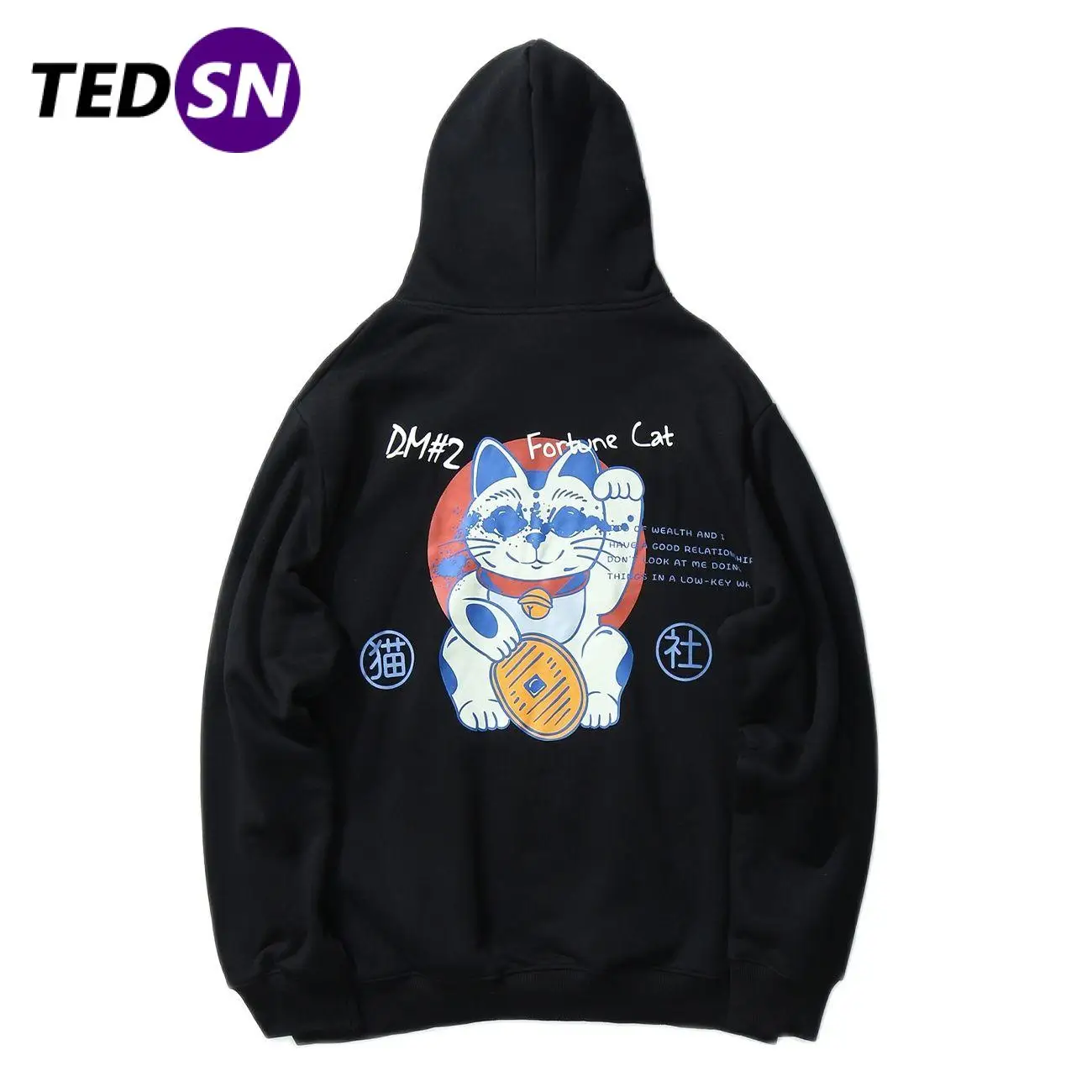 

Harajuku Hoodies Men japanese Hip Hop Streetwear Hoodie Lucky Cat Print Pullover Oversized Loose Autumn Hooded Sweatshirts Black