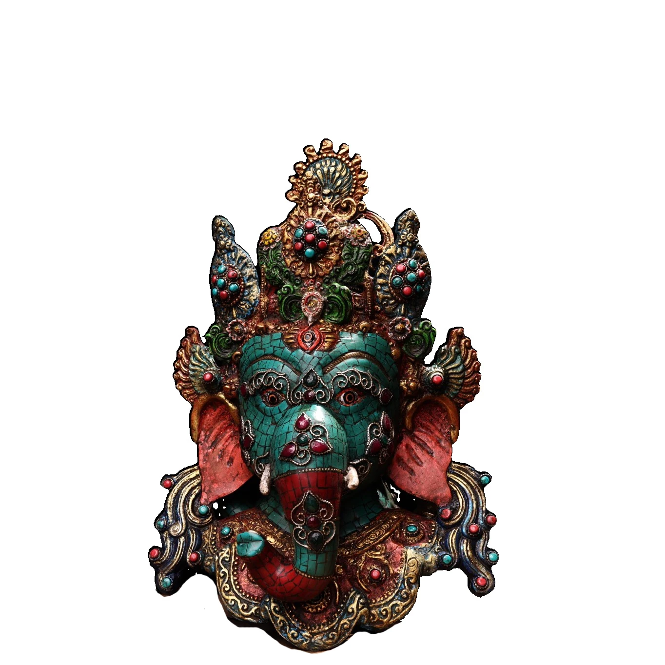 

MOZART Treasures: Tibetan Pure Copper, Tibetan Craftsmanship, Filigree-Inlaid Gemstones, Painted Gold Elephant Trunk, Head Of