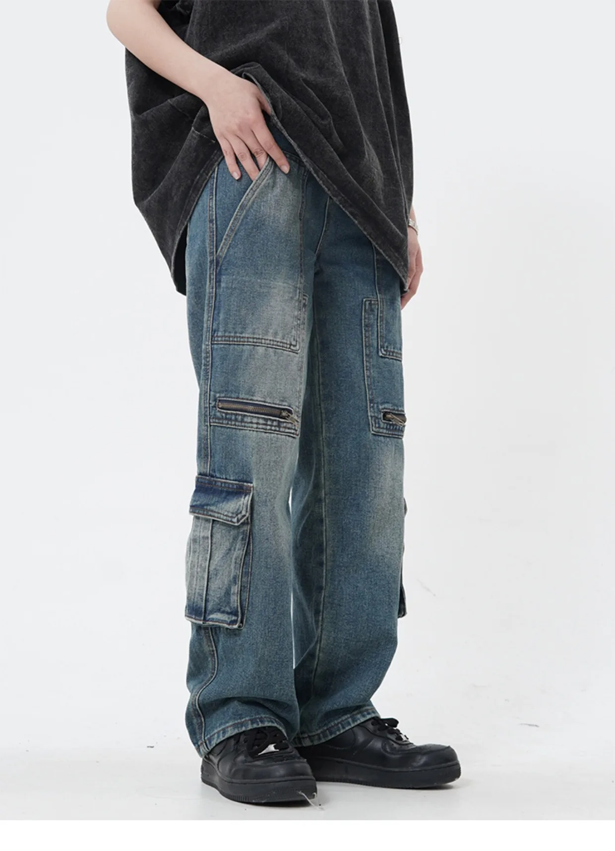 Mens Fashion Straight Denim Jean Pants Unisex Casual Side Big Pocket High Street Cargo Jean Trousers Streetwear Zipper Joggers