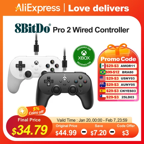 8bitdo Pro 2 Xbox проводной геймпад для Xbox серии X S, Xbox One PC Windows 10 11 обновленные с эффектом зала джойстики добавить белый