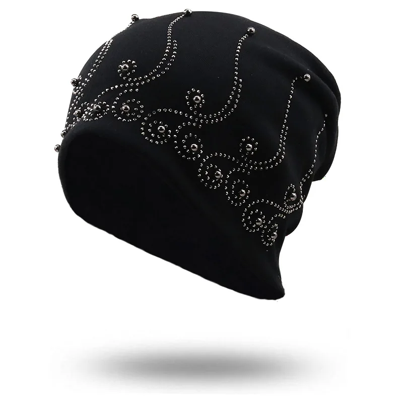 

Beanies For Women Casual Polyester Shine Pearls&Rhinestones Skull Beanie Hats Brand Women's Beanie Hat Bonnet For Female