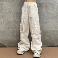 women cargo wide leg pants side pockets white hip hop casual male female joggers trousers fashion casual streetwear pants