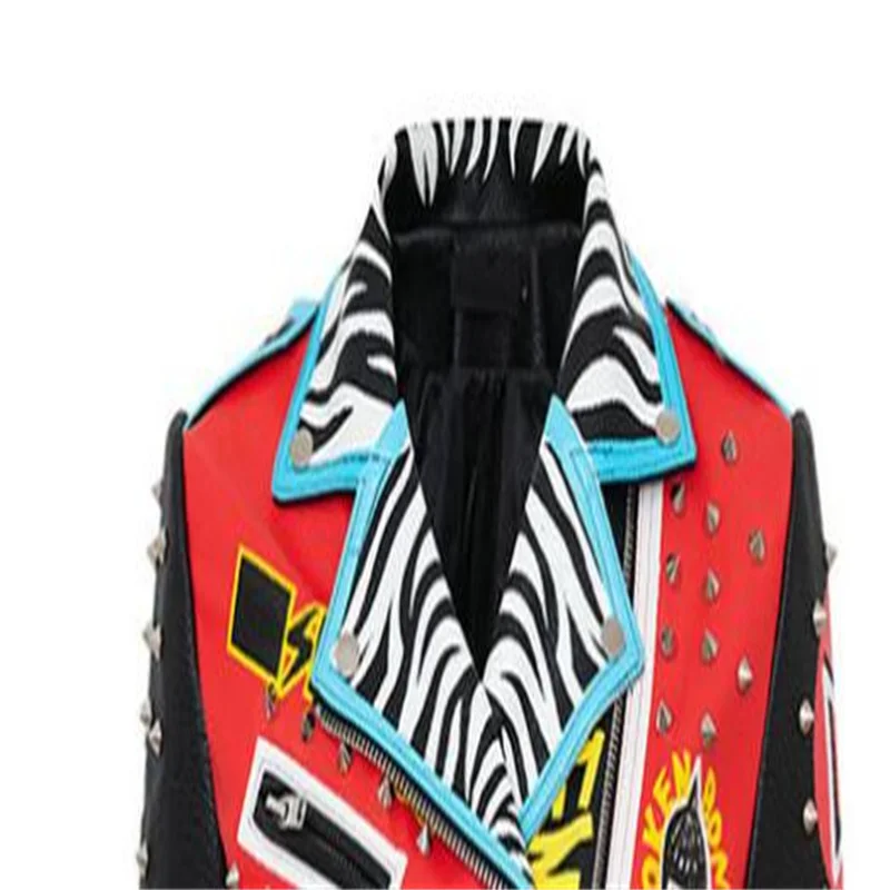 New motorcycle leather jacket women coats spring autumn street short coats slim long sleeve graffiti red black manteau femme