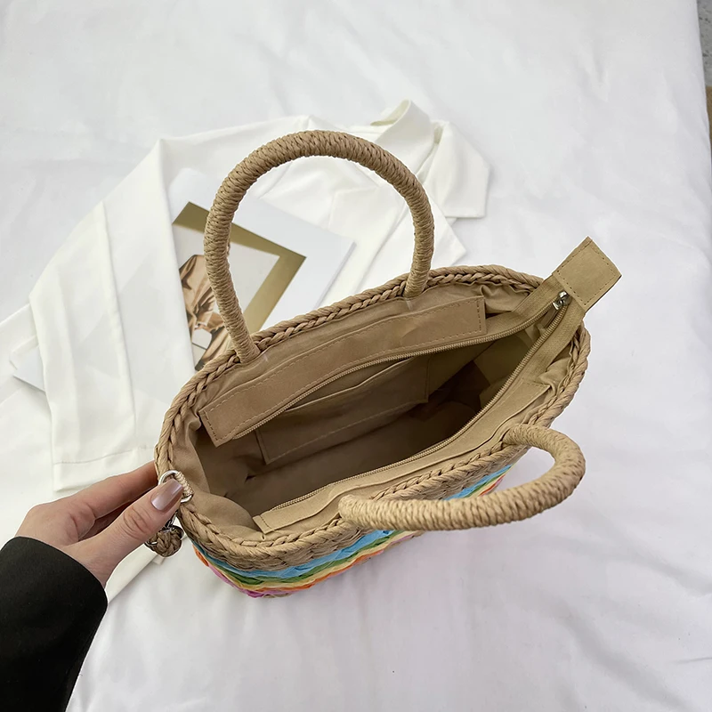 Летняя женская модная пляжная сумка-тоут радужная соломенная плетеная Сумка