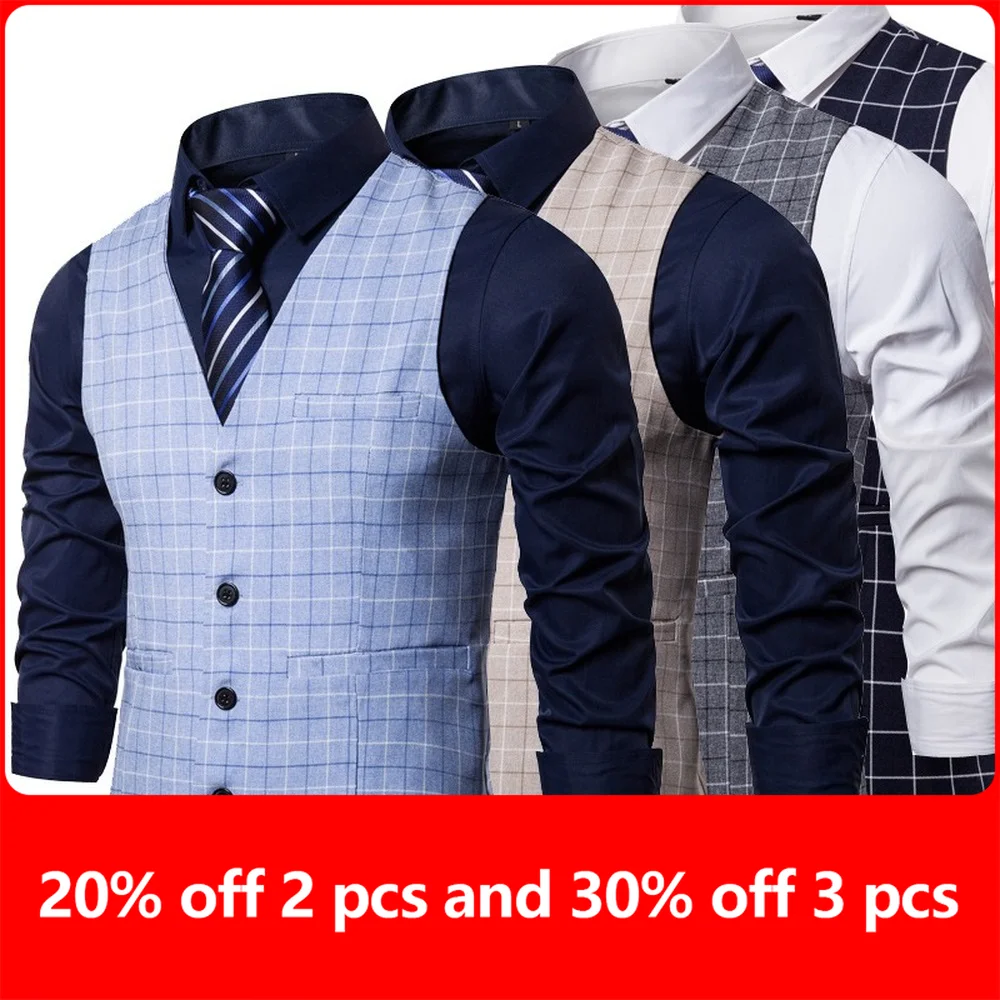 

Новинка, модный мужской жилет, куртка без рукавов, клетчатый жилет, Модный деловой Повседневный жилет в европейском и американском стиле, му...