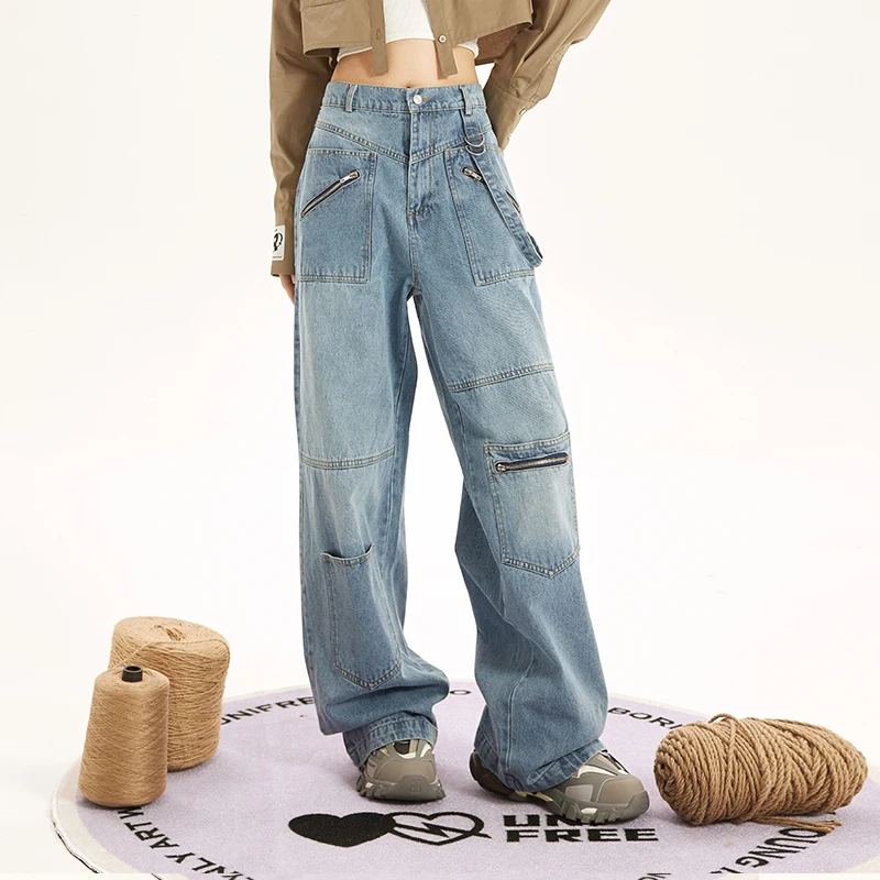 UNIFREE Pocket Panels Women's Jeans Vintage Wash High Waist Women's Cargo Pants High Street y2k Baggy Jeans for Women