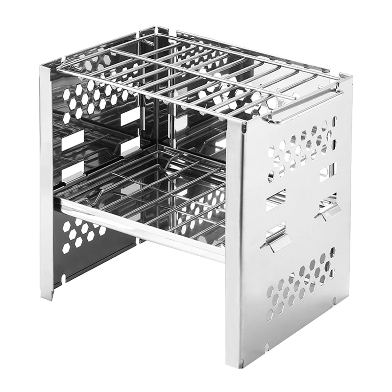

Outdoor BBQ Stainless Steel Double Wood Fire Stove Folding Mini Camping Barbecue Charcoal Stove BBQ Picnic Stove