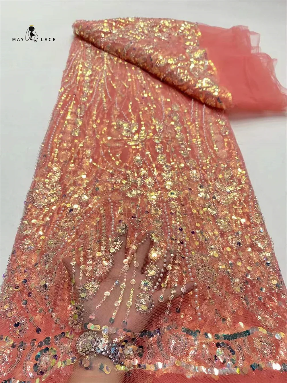 Золотая нигерийская роскошная кружевная ткань с бисером и перьями 2022 высокое