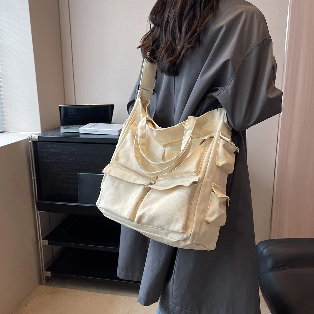 

Harajuku Canvas Casual Handbags Solid Color Students Shoulder Bags Multi Pocket Crossbody Bag Women Messenger Bag