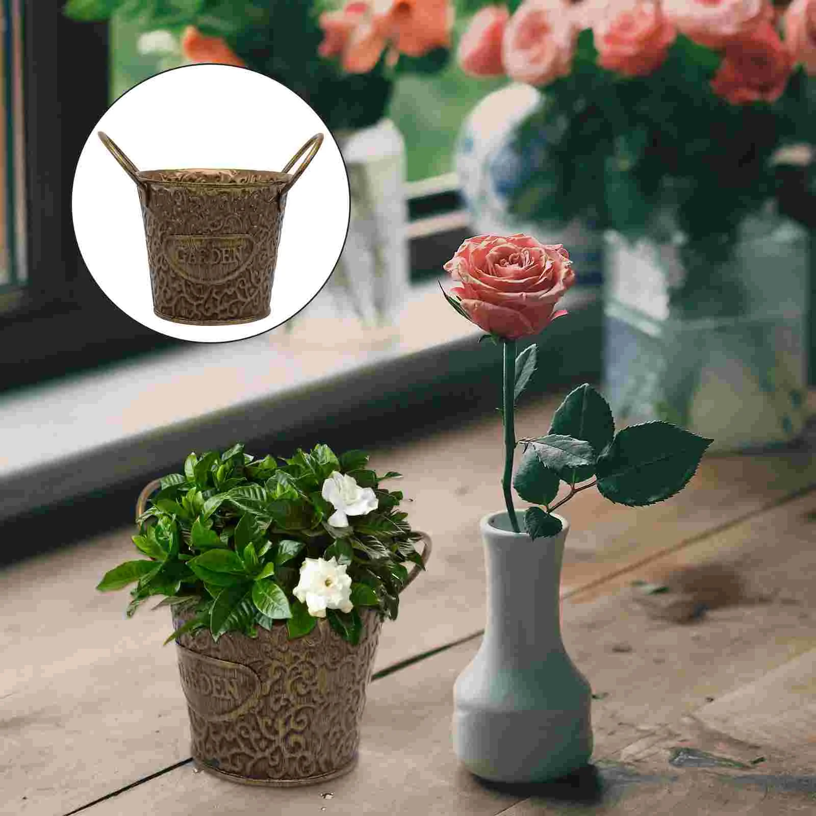 

Vase Flowers Iron Bucket Rustic Floral Home Planter Bouquets Kettle 9.5x8cm Decoration Light Brown