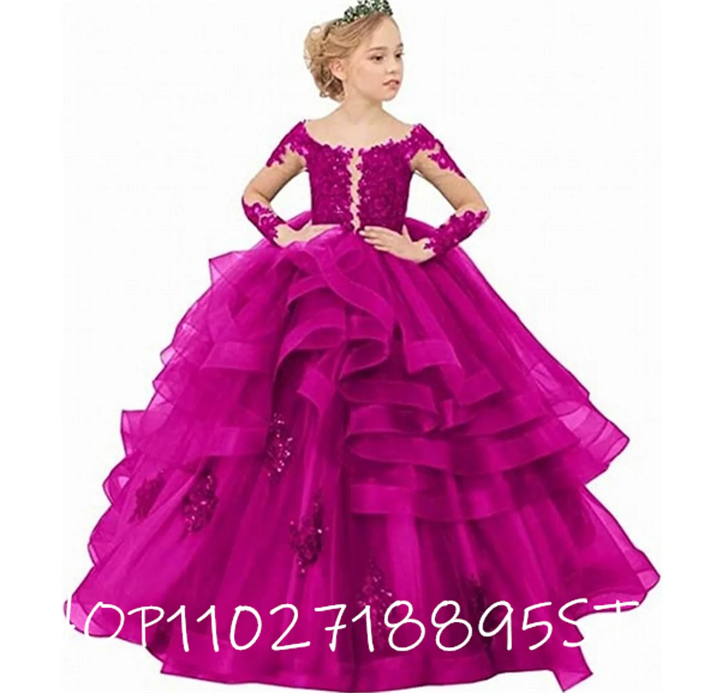 

Sheer Long Sleeve Scoop Tiered Kids Black Flower Girl Dress For Wedding Sequin Lace First Communion Ruffle Tulle Princess Gown
