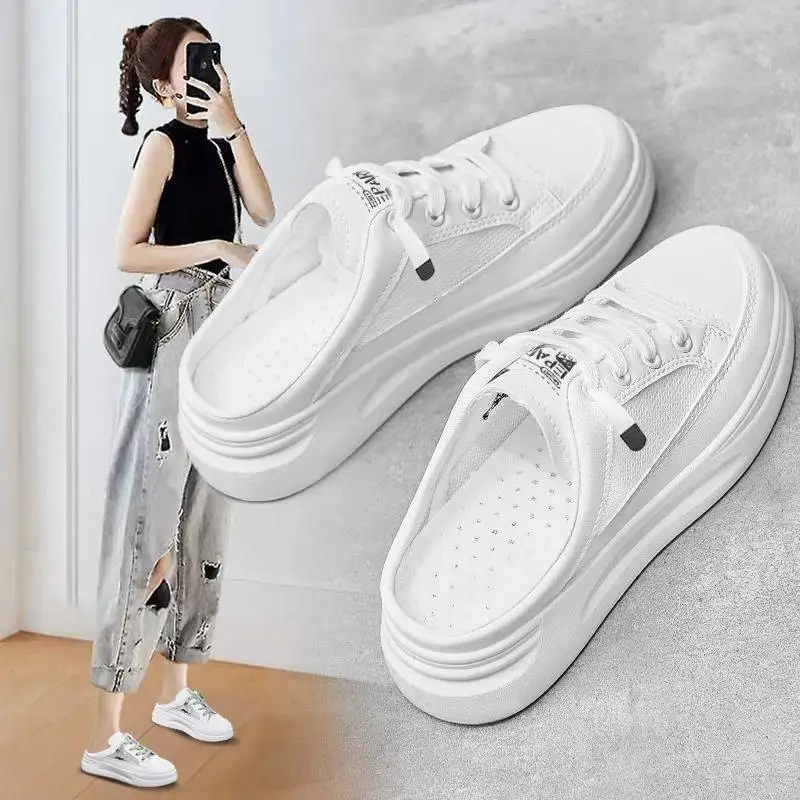 Baotou half slippers female 2021 summer wear flat-soled students Korean mesh breathable non-slip sandals white shoes
