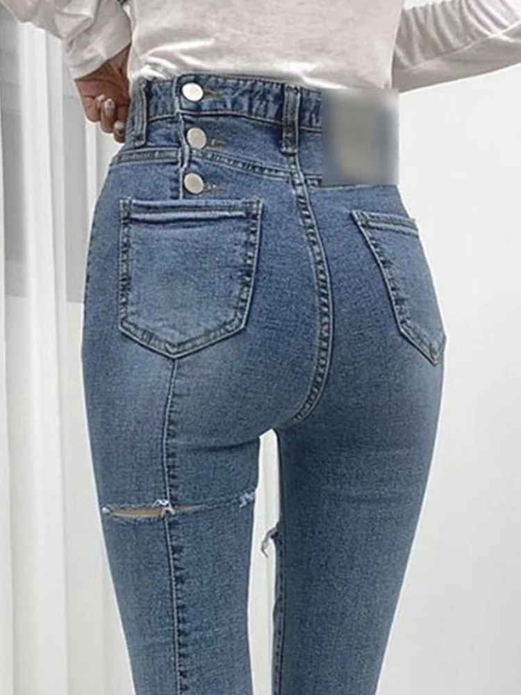 

Fashion Elastic High Waist Jeans Women's 2022 Summer Hot Sale Korean Cropped Hole Back Button Casual Pants Woman Clothes Xs Size