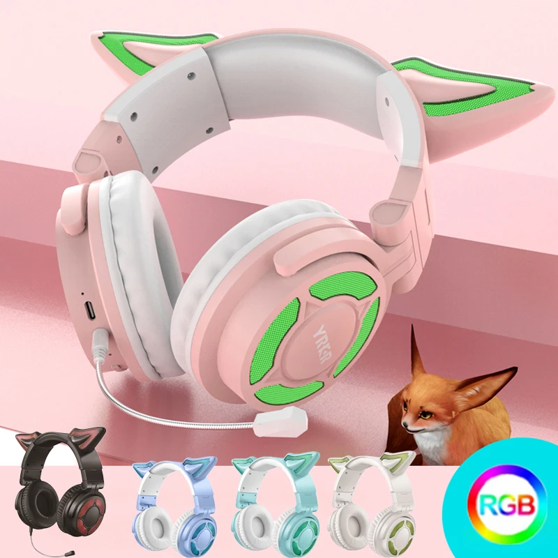 Наушники RGB с кошачьими ушками, беспроводная Bluetooth 5,3 гарнитура ...