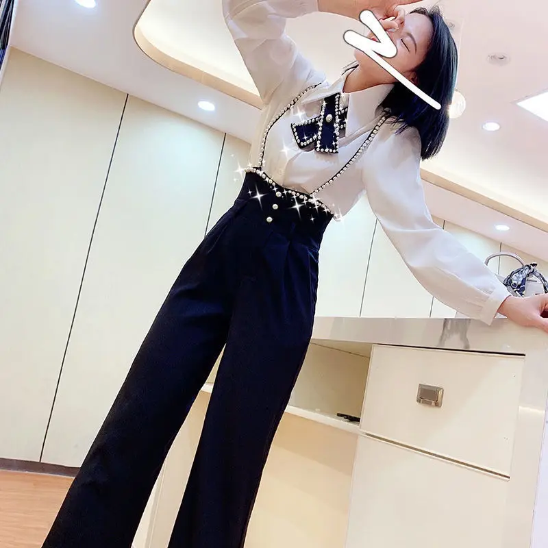 

Casual Women's Fashion Shirt Pleated Two Piece Set Female Loose High Waist Wide Leg Pants Suit Elegant Office Ladies Outfit G621