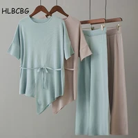 hlbcbg spring 2 piece loose set women short sleeve knitted sweater female top ladies casual pants suit summer tracksuits