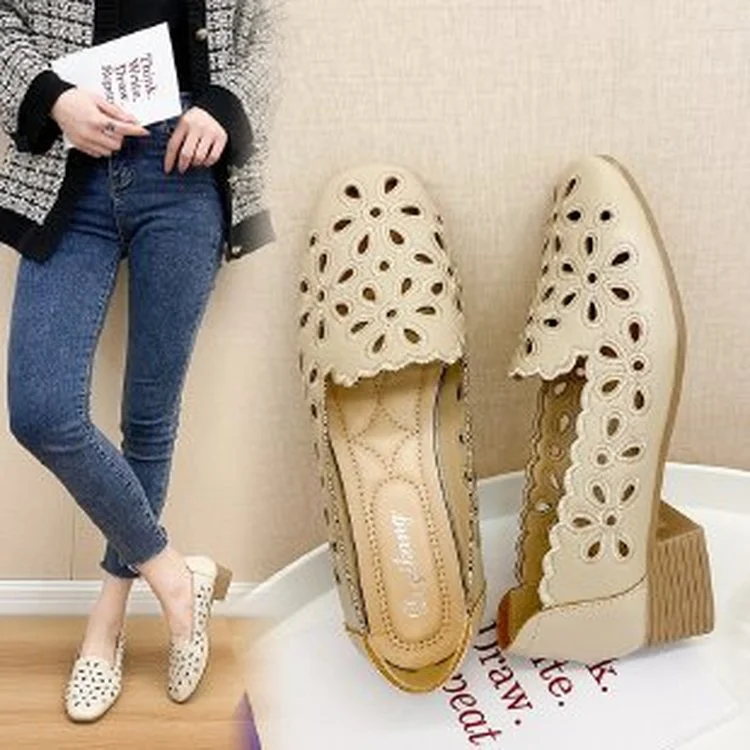 

2022 Hollow Breathable Mid-heel Women's Shoes Spring and Summer New Retro Square Head All-match Shallow Mouth Comfortable Heels