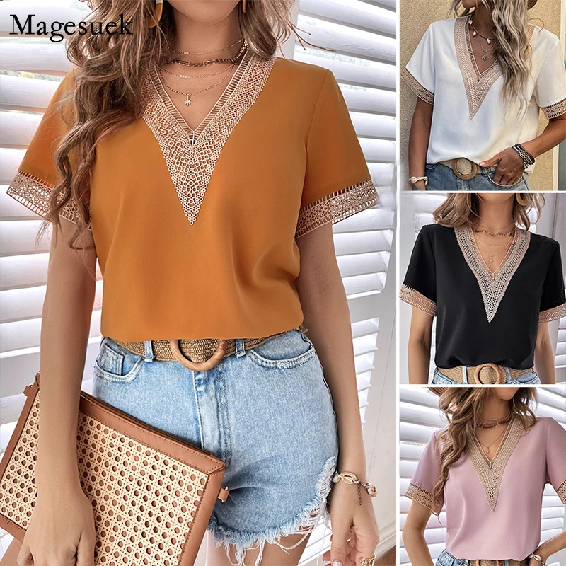 Женская шифоновая блузка с вышивкой белая ажурная коротким рукавом и V-образным