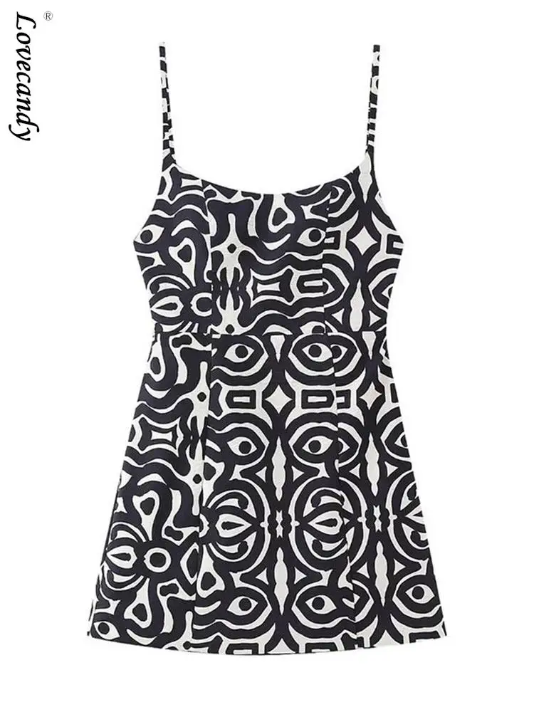 

Women Printed Backless A Line Mini Dresses Female Fashion Camisole Printting Hollow Out Short Dress Summer Lady Outwear Vestidos