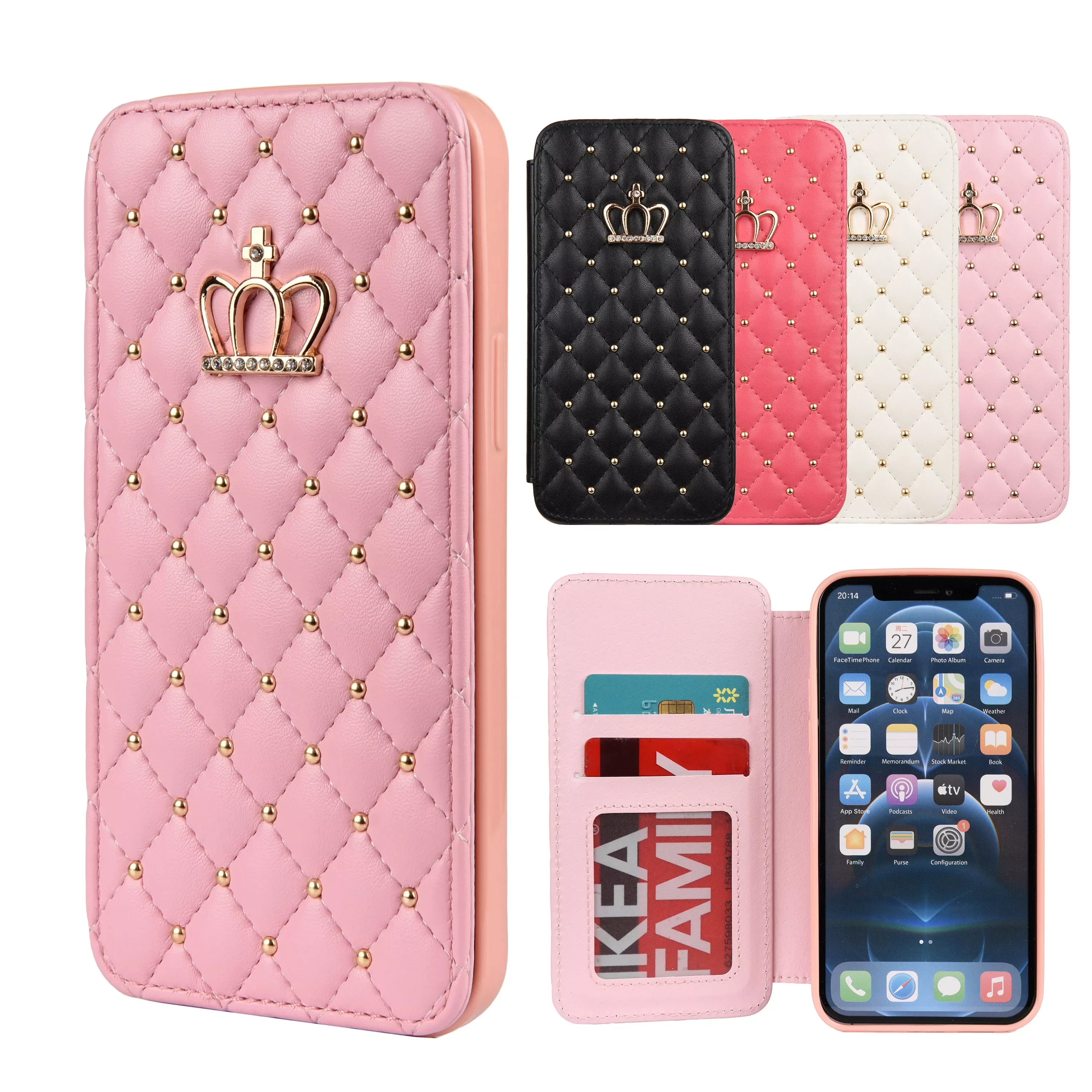 

NEW2022 Wallet Flip Leather Phone Case For iPhone 13 12 Pro Max 11 Xr Xs X Cute Crown Bling Cover For Apple 7 8 Plus 6 6S SE 202