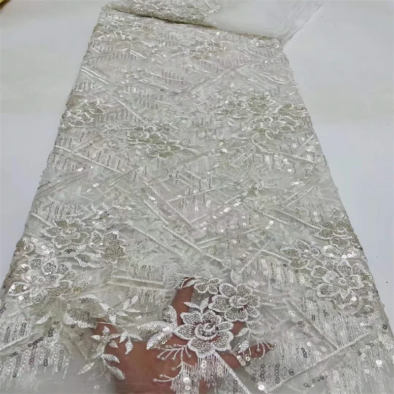 

Белое Европейское свадебное платье с французскими бусинами и вышивкой, сетка 5 ярдов, кружевная ткань для свадьбы