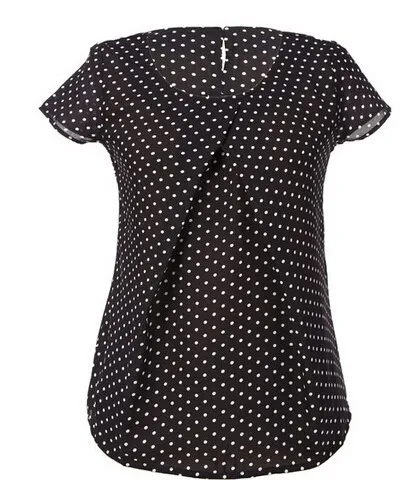 Тонкая шифоновая женская рубашка с круглым вырезом и черным цветочным принтом