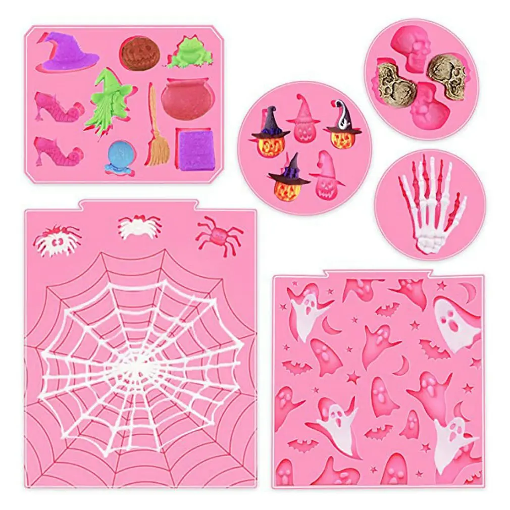 

Halloween Molds Fondant Pink Clay Silicone Mold Cake Decoration Skeleton Pumpkin Spider Ghost Snake Skeleton Witch Resin Mold
