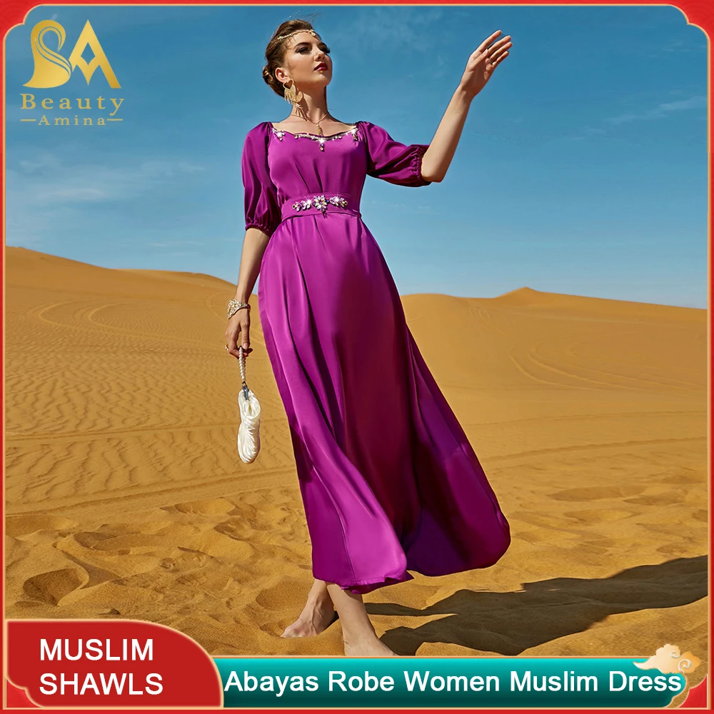 Evening Dress Robe Rose Purple One-Shoulder Mid-Sleeve Dress Robes Dubai Femmes Muslim Abayat  Sets Dress Party Prom Dresses