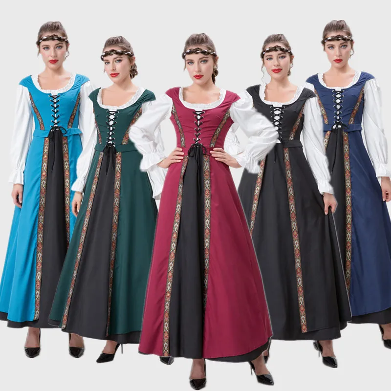 

Medieval Renaissance Square Collar Waist Two Piece Dress Retro Court Drama Costume