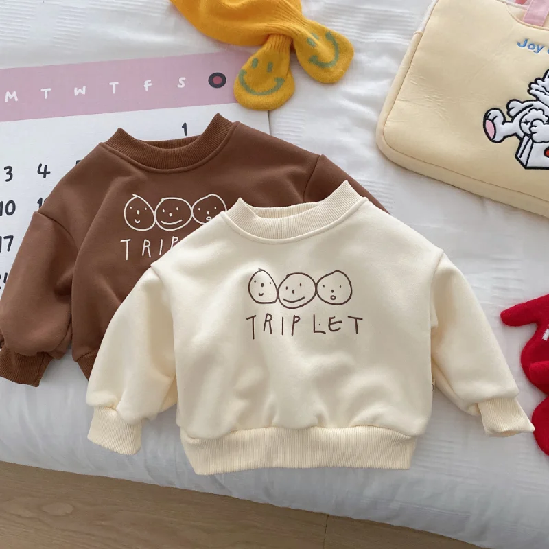 

Autumn Winter Kids Hoodies Cartoon Letters Boys Lining Fur Hoodies Girls Warm Sweatshirts Children Tops
